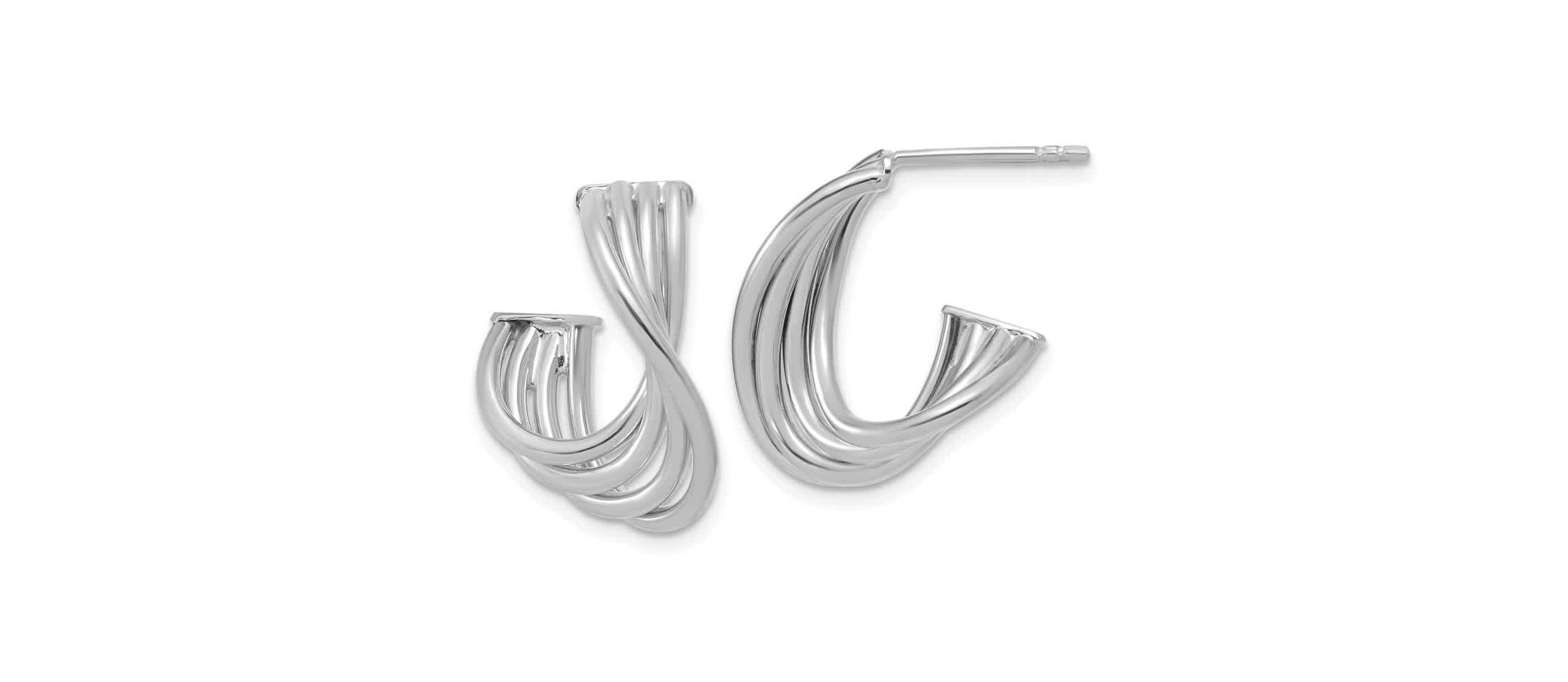 10K Yellow Gold with Rhodium-plating Polished 3-Row Twist J-Hoop Post Earrings