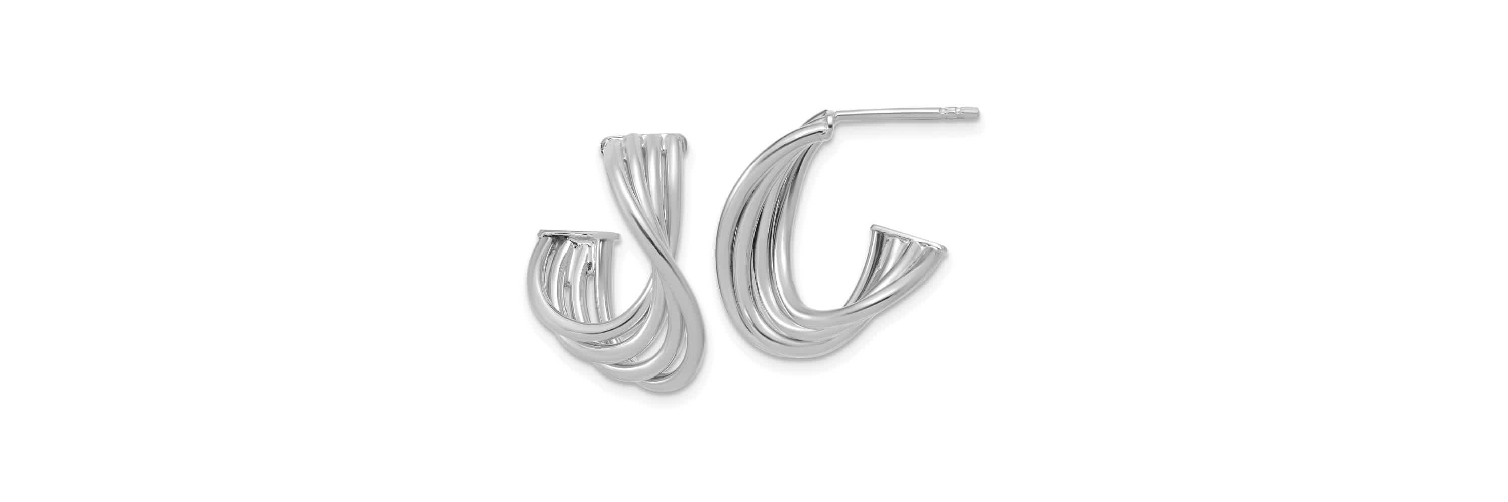 10K Yellow Gold with Rhodium-plating Polished 3-Row Twist J-Hoop Post Earrings