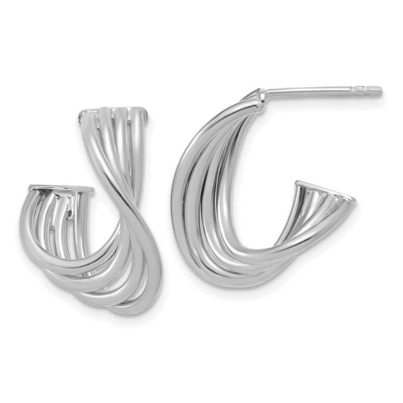 10K Yellow Gold with Rhodium-plating Polished 3-Row Twist J-Hoop Post Earrings
