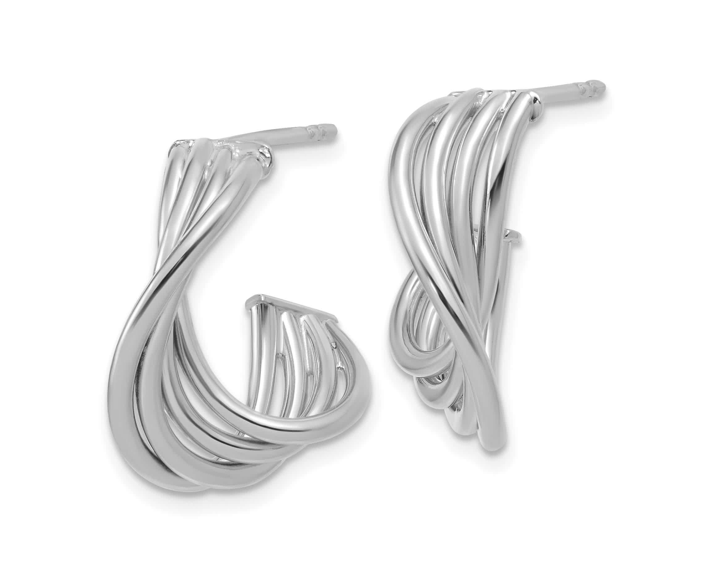 10K Yellow Gold with Rhodium-plating Polished 3-Row Twist J-Hoop Post Earrings
