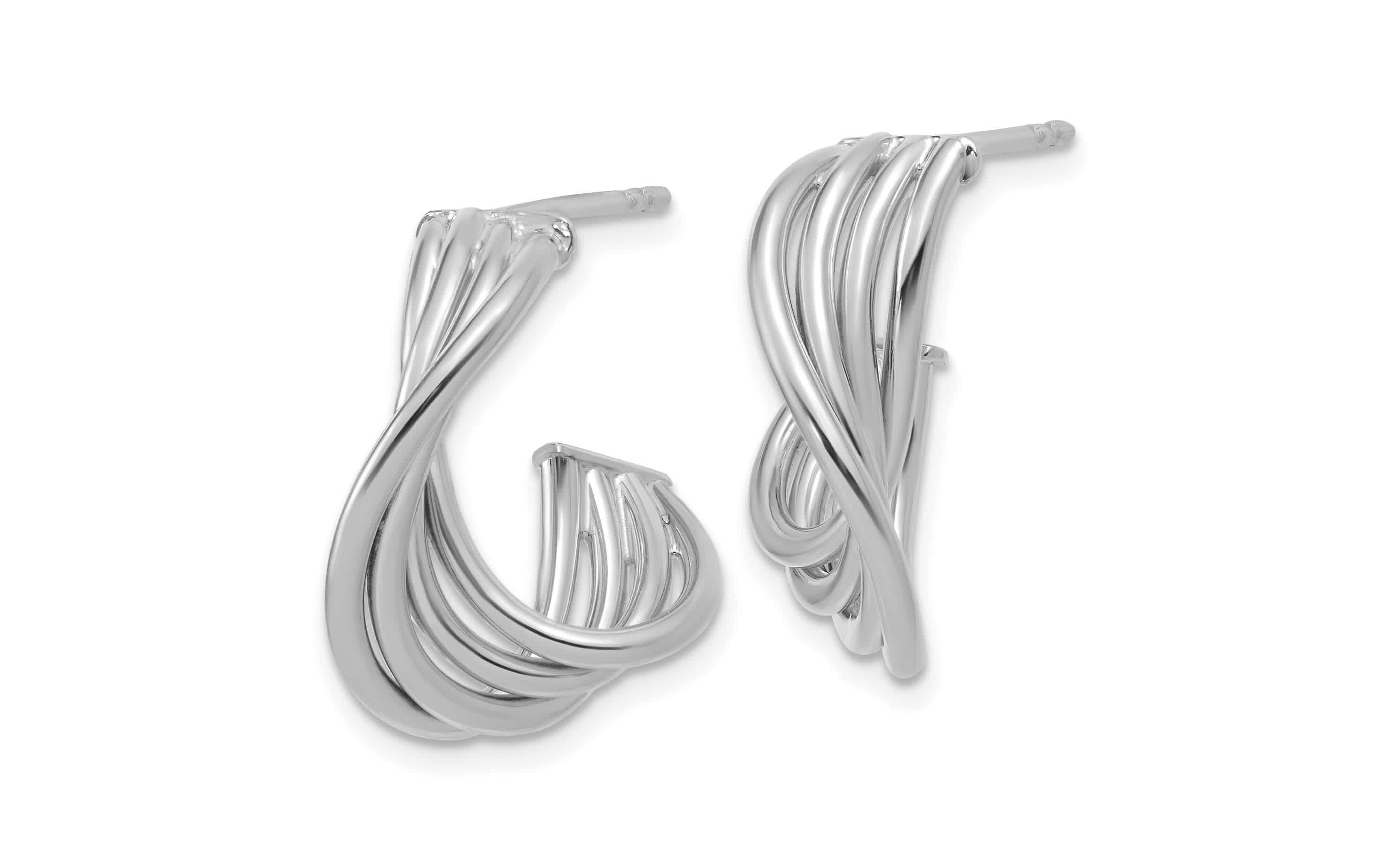10K Yellow Gold with Rhodium-plating Polished 3-Row Twist J-Hoop Post Earrings