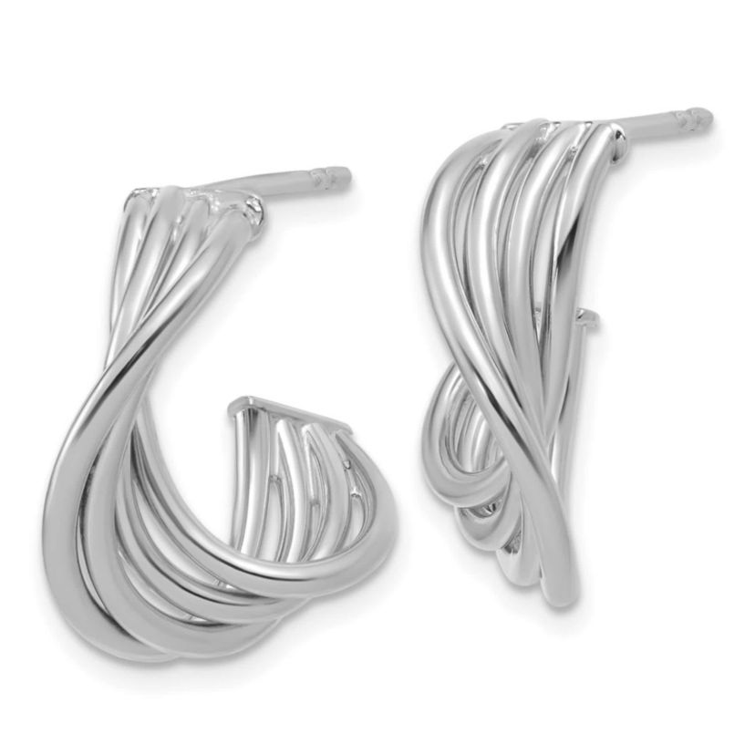 10K Yellow Gold with Rhodium-plating Polished 3-Row Twist J-Hoop Post Earrings