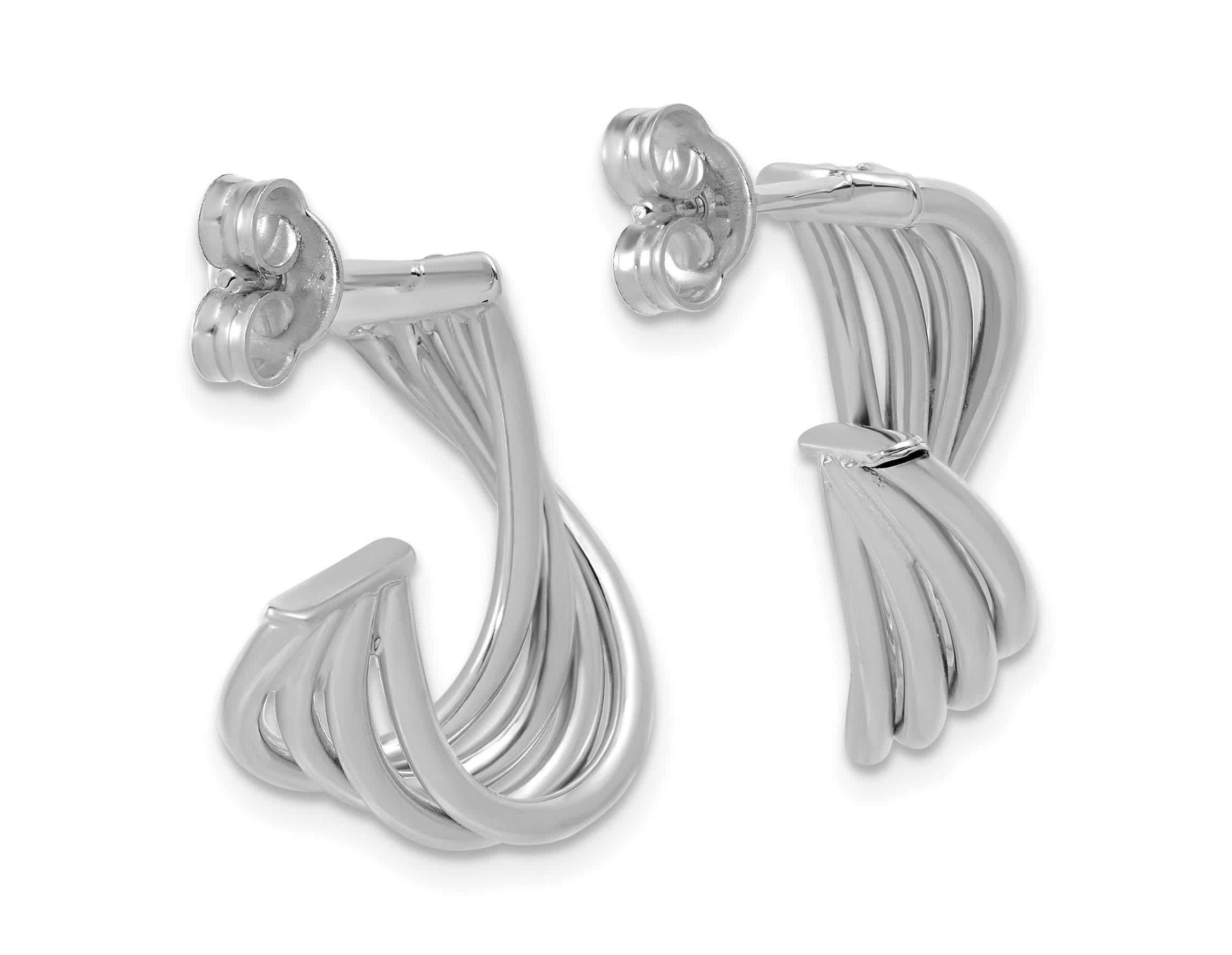 10K Yellow Gold with Rhodium-plating Polished 3-Row Twist J-Hoop Post Earrings