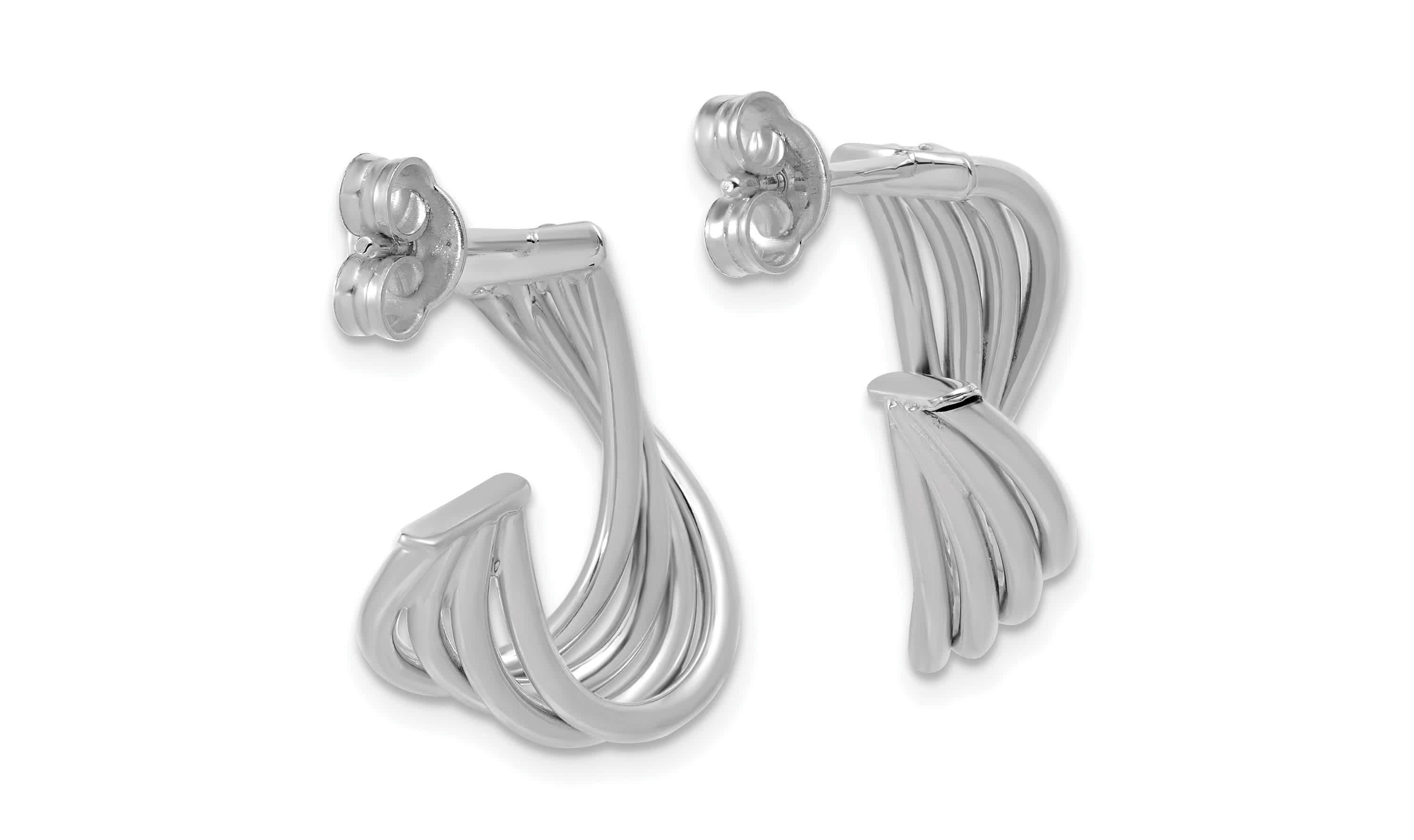 10K Yellow Gold with Rhodium-plating Polished 3-Row Twist J-Hoop Post Earrings