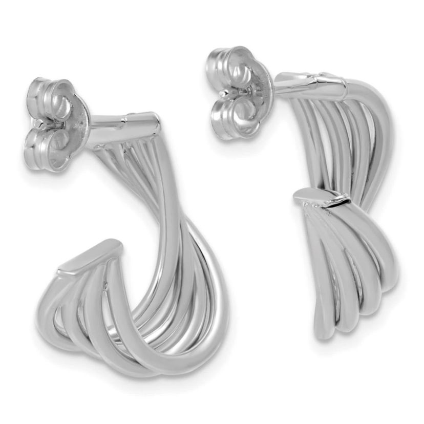 10K Yellow Gold with Rhodium-plating Polished 3-Row Twist J-Hoop Post Earrings