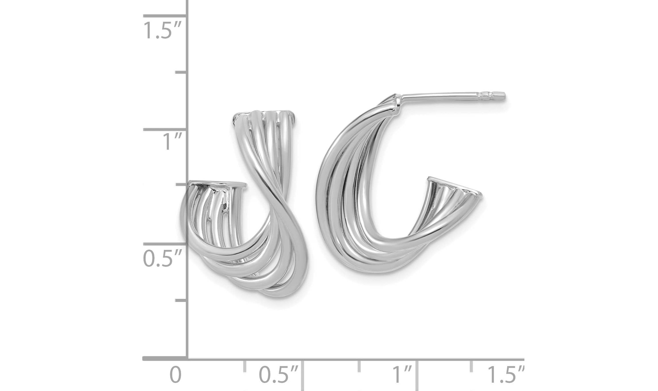 10K Yellow Gold with Rhodium-plating Polished 3-Row Twist J-Hoop Post Earrings