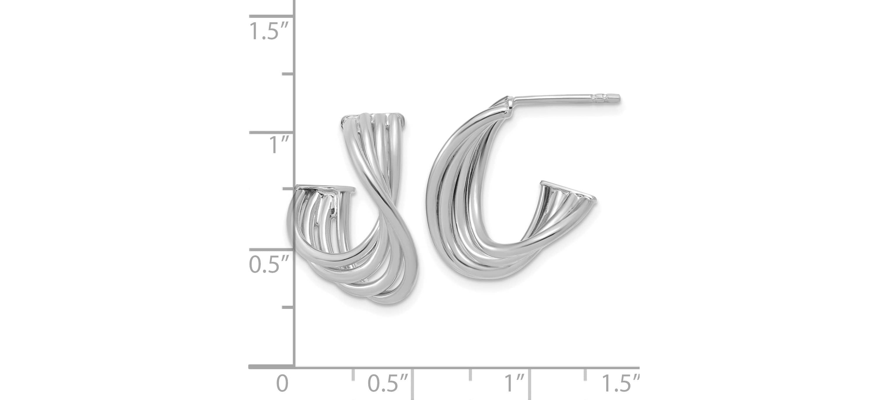 10K Yellow Gold with Rhodium-plating Polished 3-Row Twist J-Hoop Post Earrings