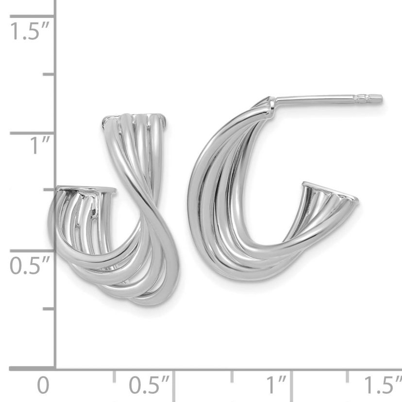 10K Yellow Gold with Rhodium-plating Polished 3-Row Twist J-Hoop Post Earrings
