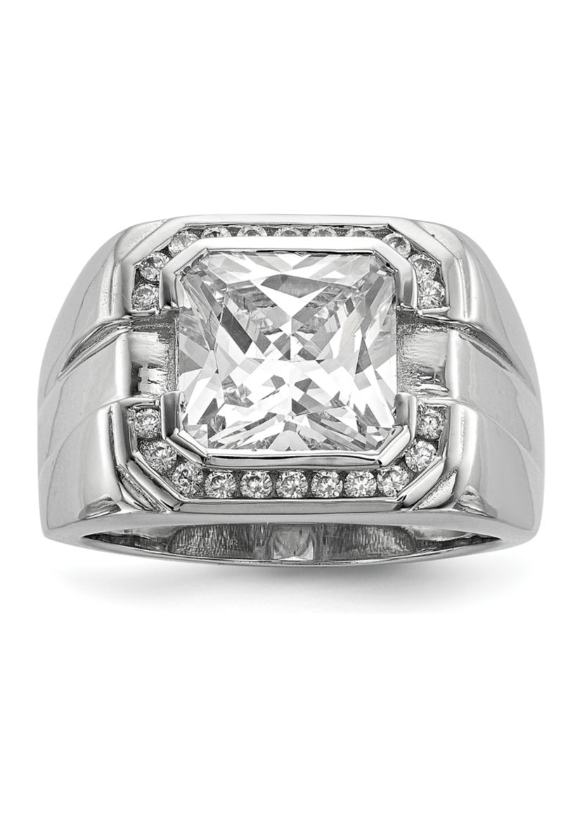 Mens Sterling Silver Rhodium-Plated Cubic Zirconia Ring