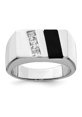Belk & Co Men's Sterling Silver Rhodium-Plated Cubic Zirconia and Onyx Ring, White, 9
