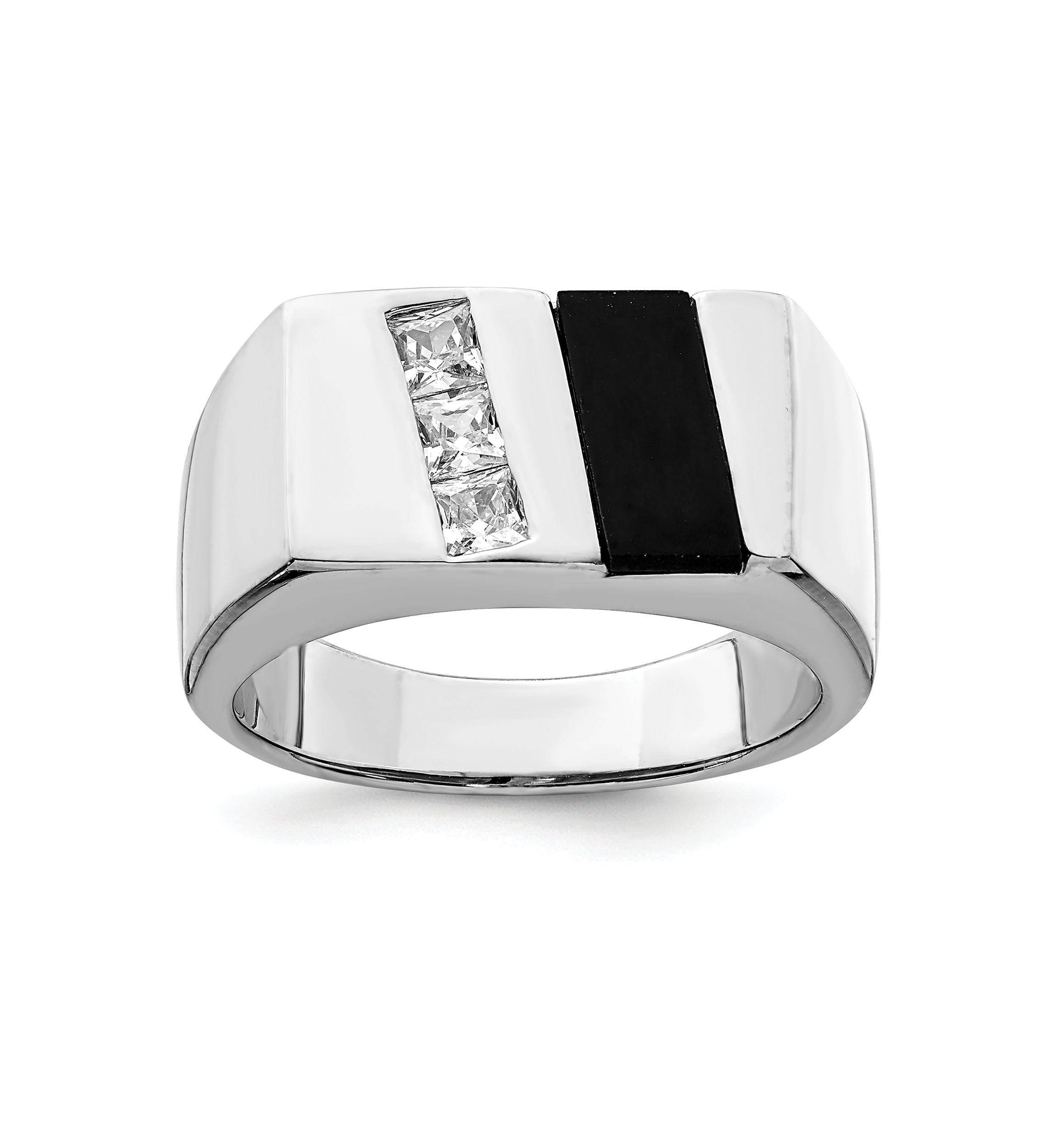 Mens Sterling Silver Rhodium-Plated Cubic Zirconia and Onyx Ring