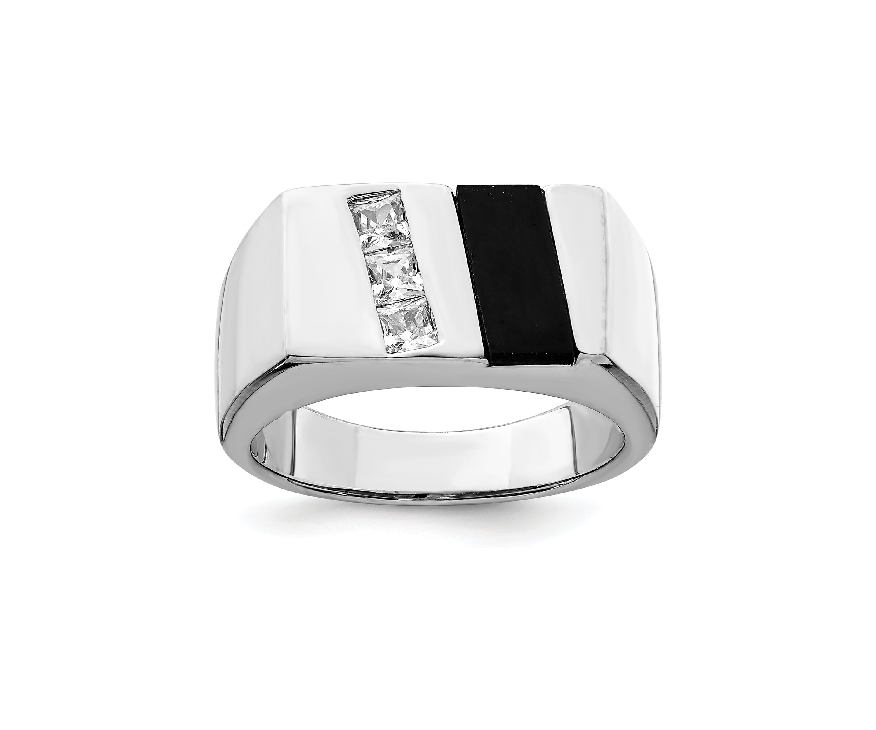 Mens Sterling Silver Rhodium-Plated Cubic Zirconia and Onyx Ring