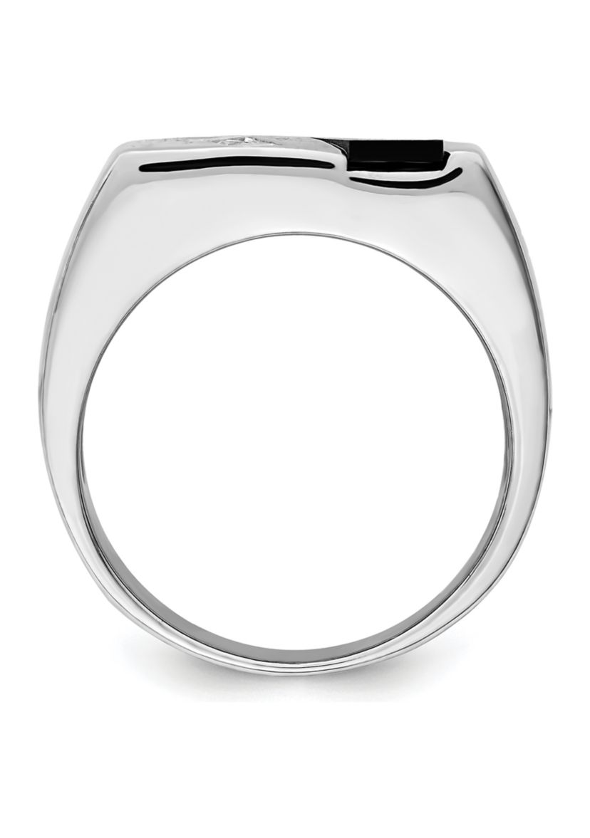 Mens Sterling Silver Rhodium-Plated Cubic Zirconia and Onyx Ring