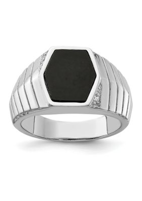 Belk & Co Men's Sterling Silver Rhodium-Plated Cubic Zirconia and Onyx Ring, White, 10