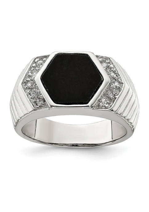 Mens Sterling Silver Cubic Zirconia and Onyx Ring