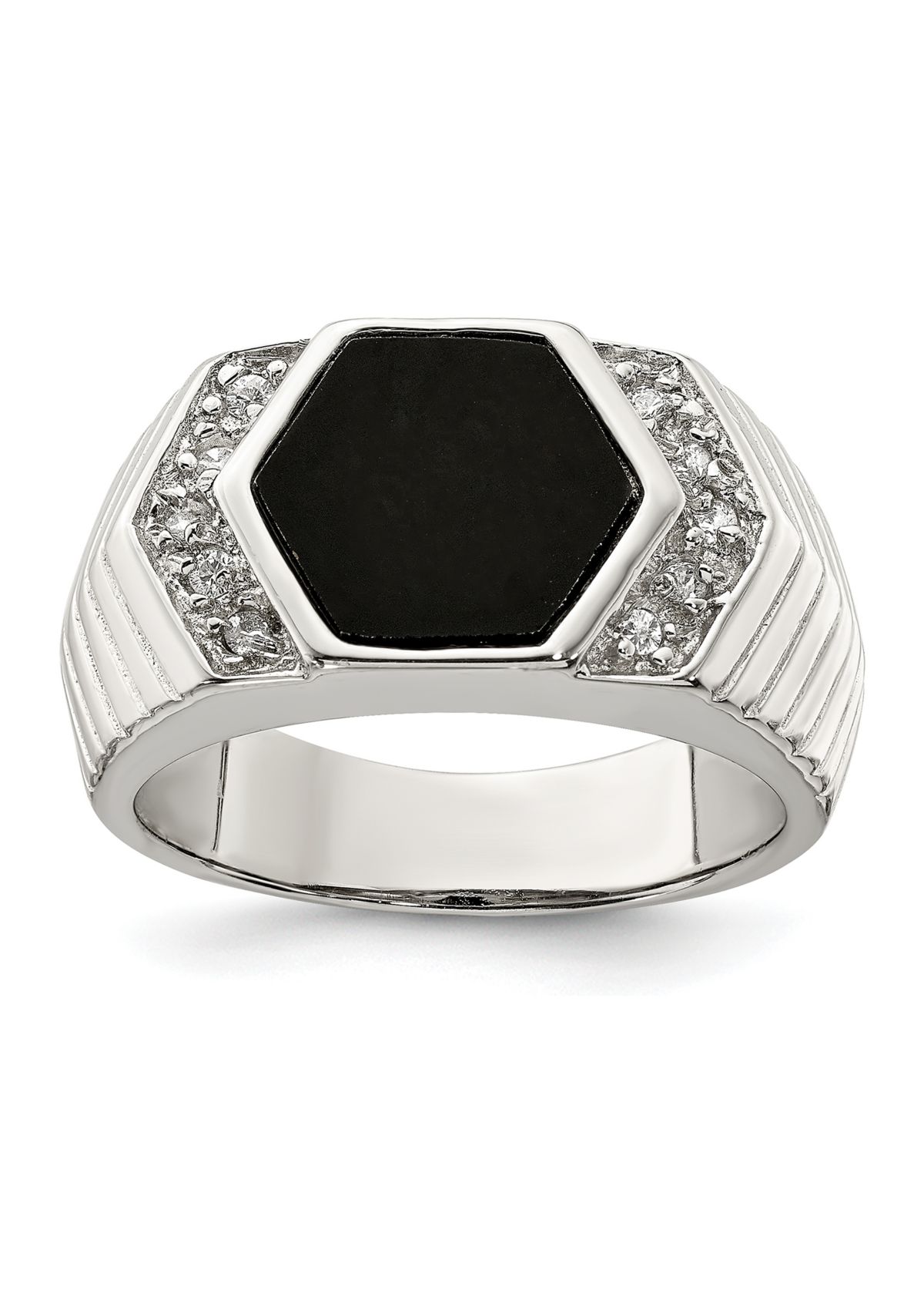 Mens Sterling Silver Cubic Zirconia and Onyx Ring