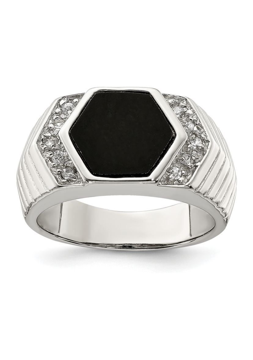 Mens Sterling Silver Cubic Zirconia and Onyx Ring