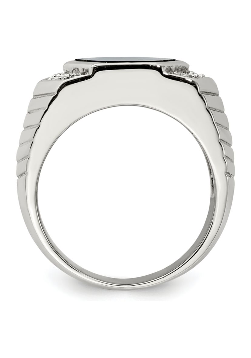 Mens Sterling Silver Cubic Zirconia and Onyx Ring