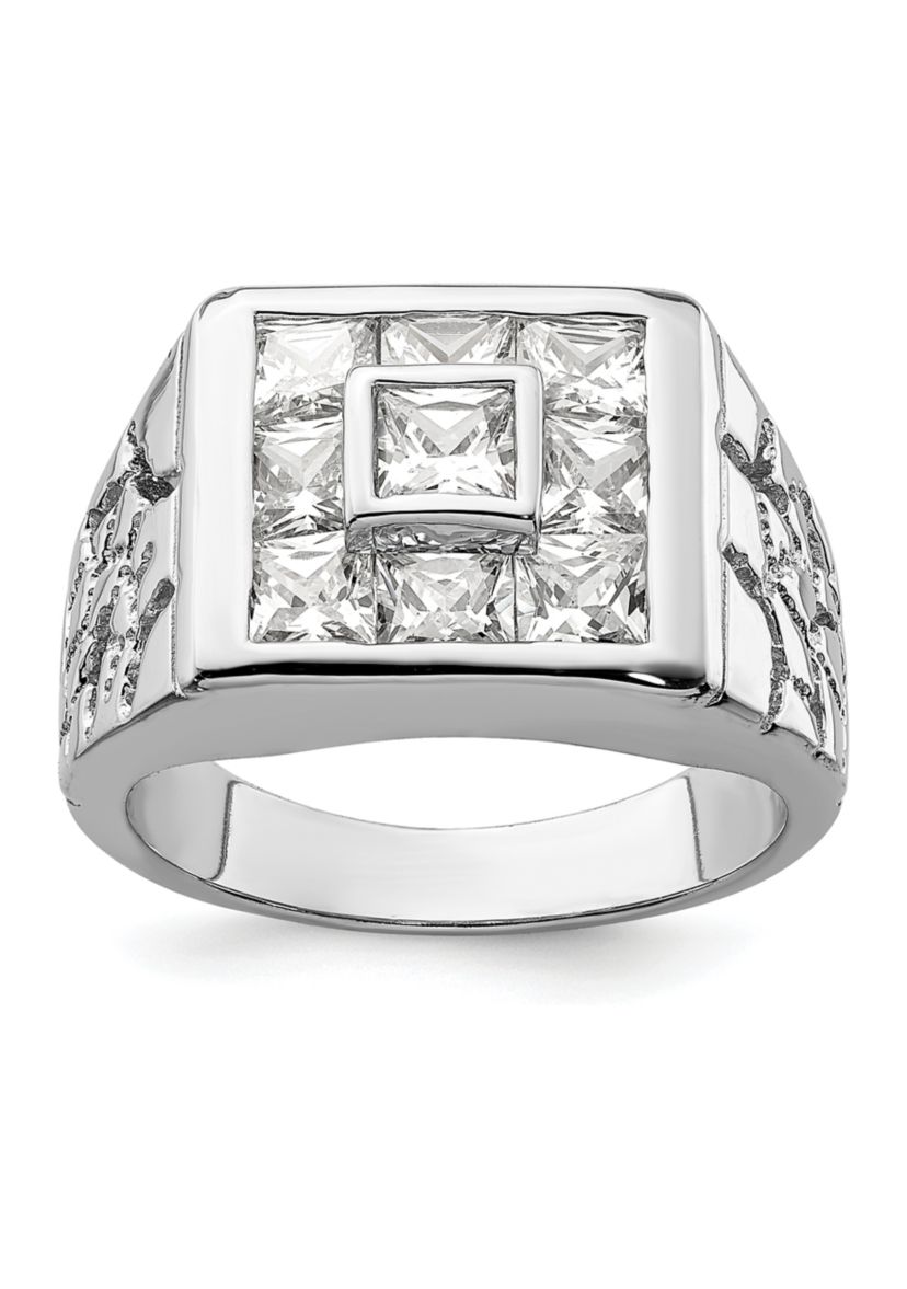 Mens Sterling Silver Rhodium-Plated Cubic Zirconia Ring