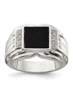 Belk & Co Men's Sterling Silver Cubic Zirconia and Onyx Ring, White, 11