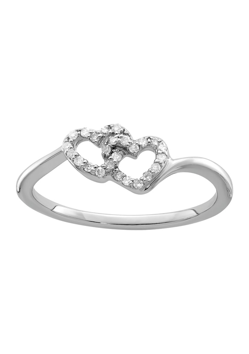 1/10 ct. t.w. Diamond Double Heart Promise Ring in Rhodium Plated Sterling Silver