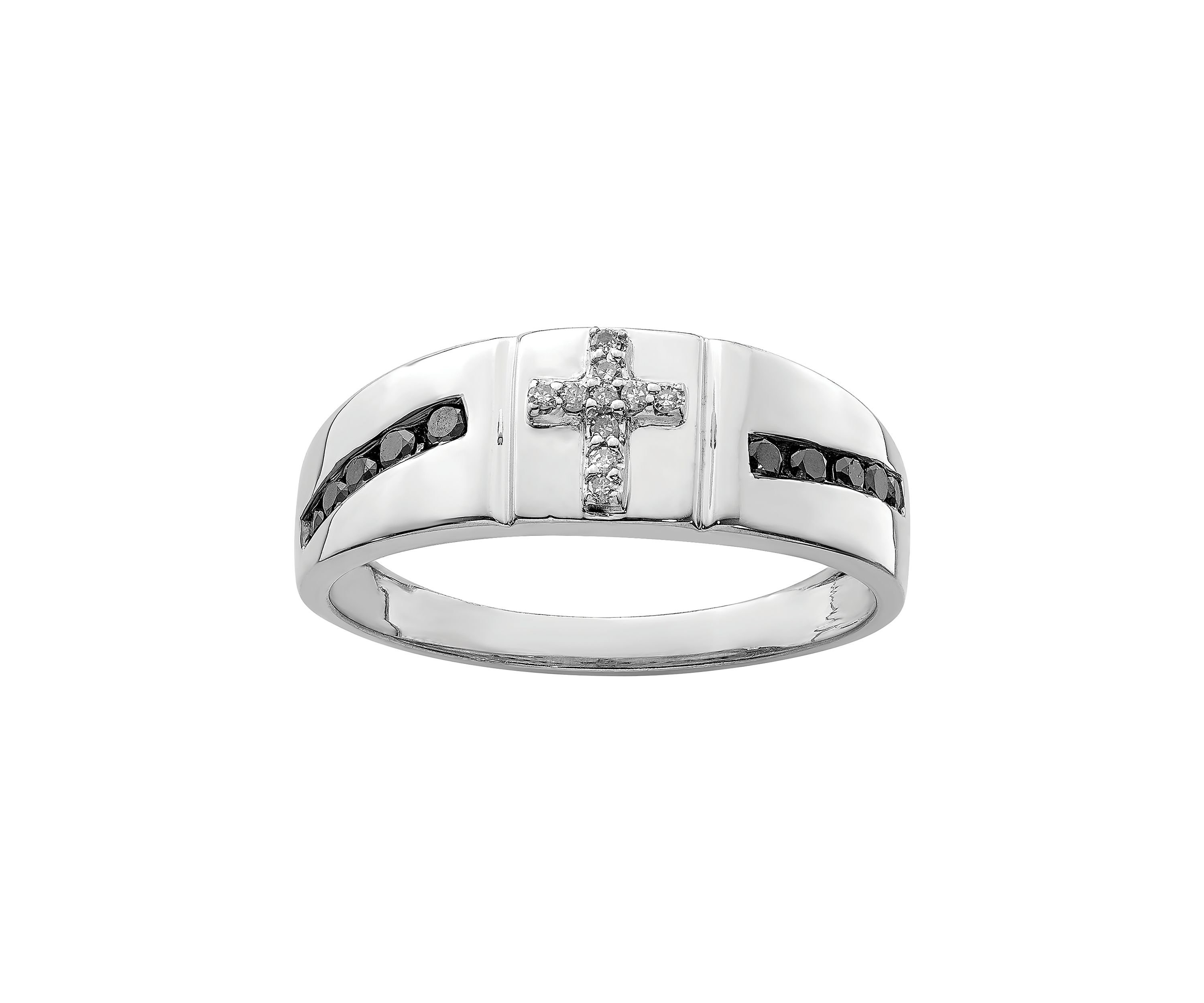 Mens 1/4 ct. t.w. White and Black Diamond Cross Ring in Rhodium Plated Sterling Silver