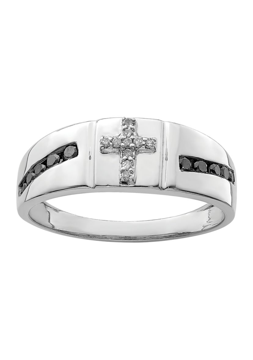 Mens 1/4 ct. t.w. White and Black Diamond Cross Ring in Rhodium Plated Sterling Silver
