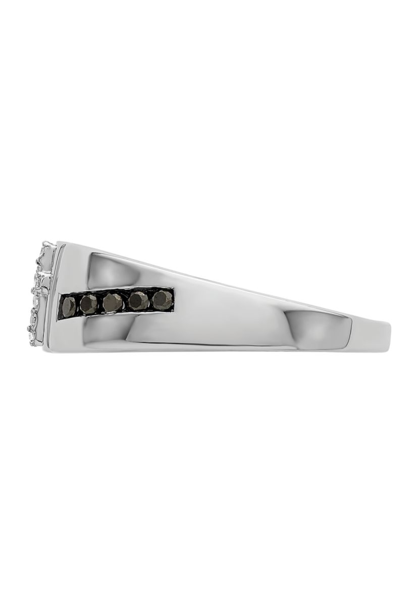 Mens 1/4 ct. t.w. White and Black Diamond Cross Ring in Rhodium Plated Sterling Silver