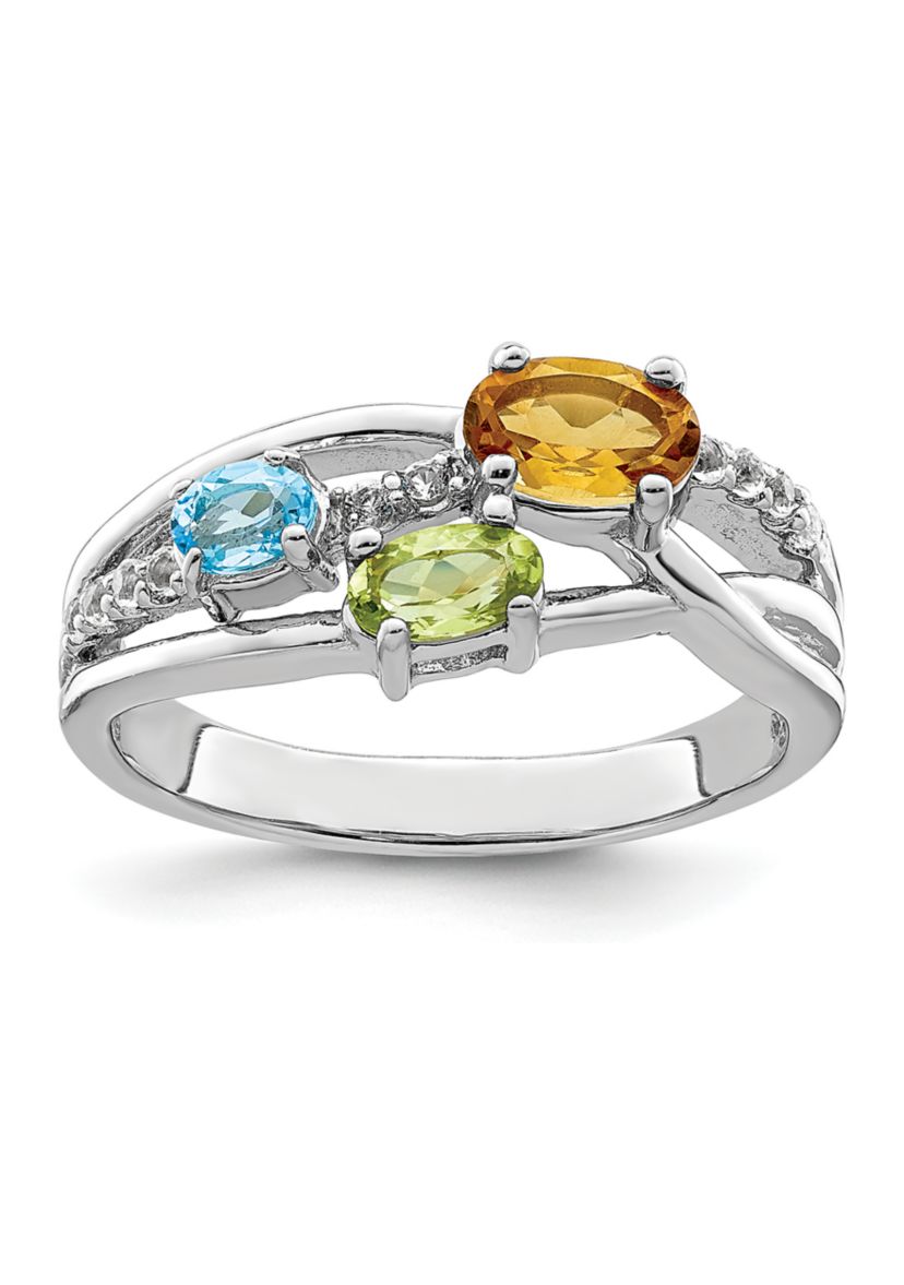 7/8 ct. t.w. Citrine, Peridot, Light Swiss Blue Topaz and White Topaz Ring in Rhodium-Plated Sterling Silver