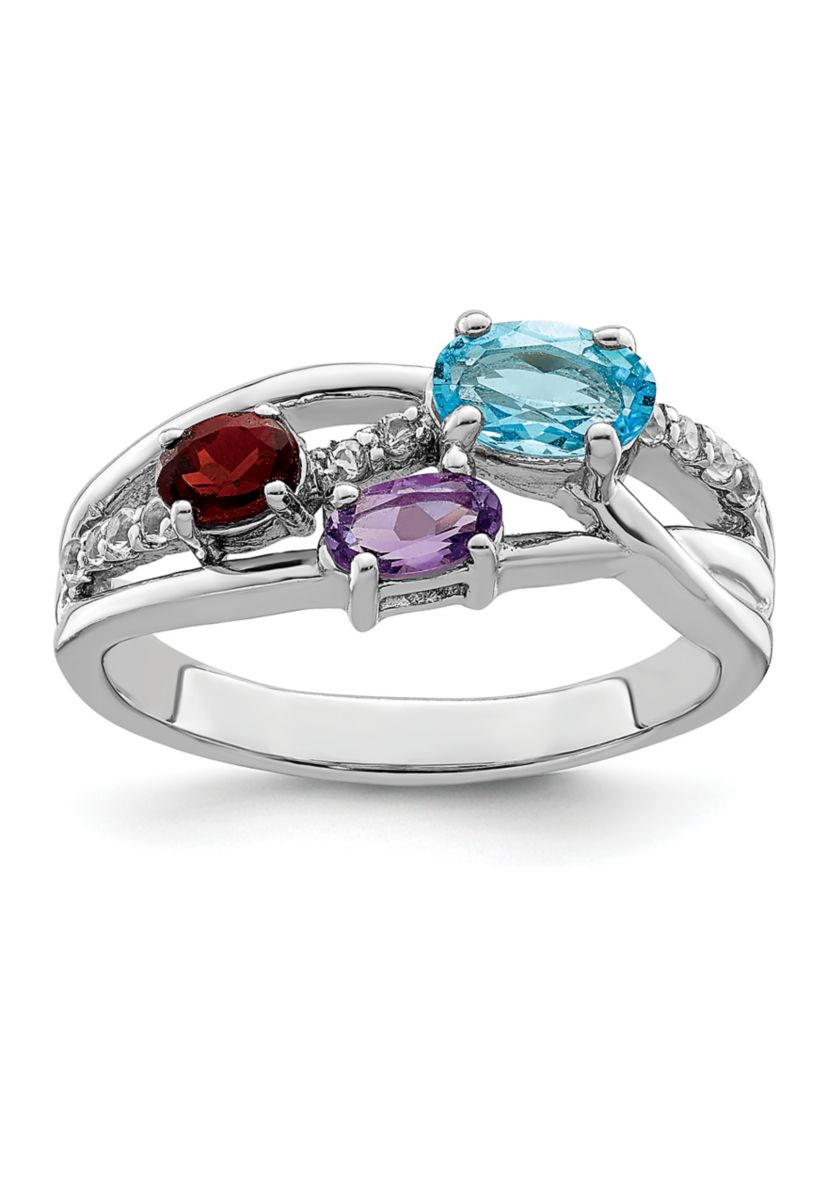 1.08 ct. t.w. Swiss Blue Topaz, Amethyst, Garnet and White Topaz Oval Ring in Rhodium-Plated Sterling Silver