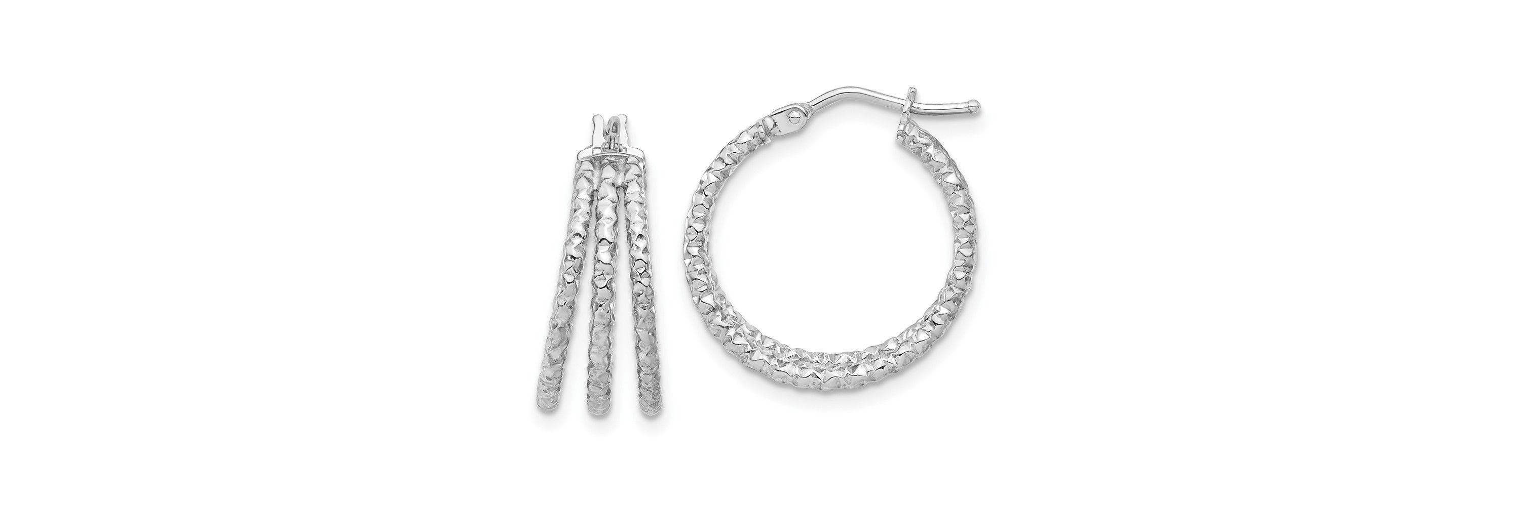 14K Yellow Gold Polished and Textured Three Row Hoop Post Earrings
