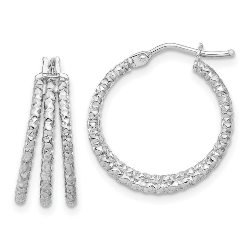 14K Yellow Gold Polished and Textured Three Row Hoop Post Earrings