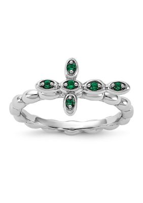 Belk & Co Lab Created 1/10 ct. t.w. Created Emerald Stackable Expressions Rhodium Plated Cross Ring in Sterling Silver, White, 7