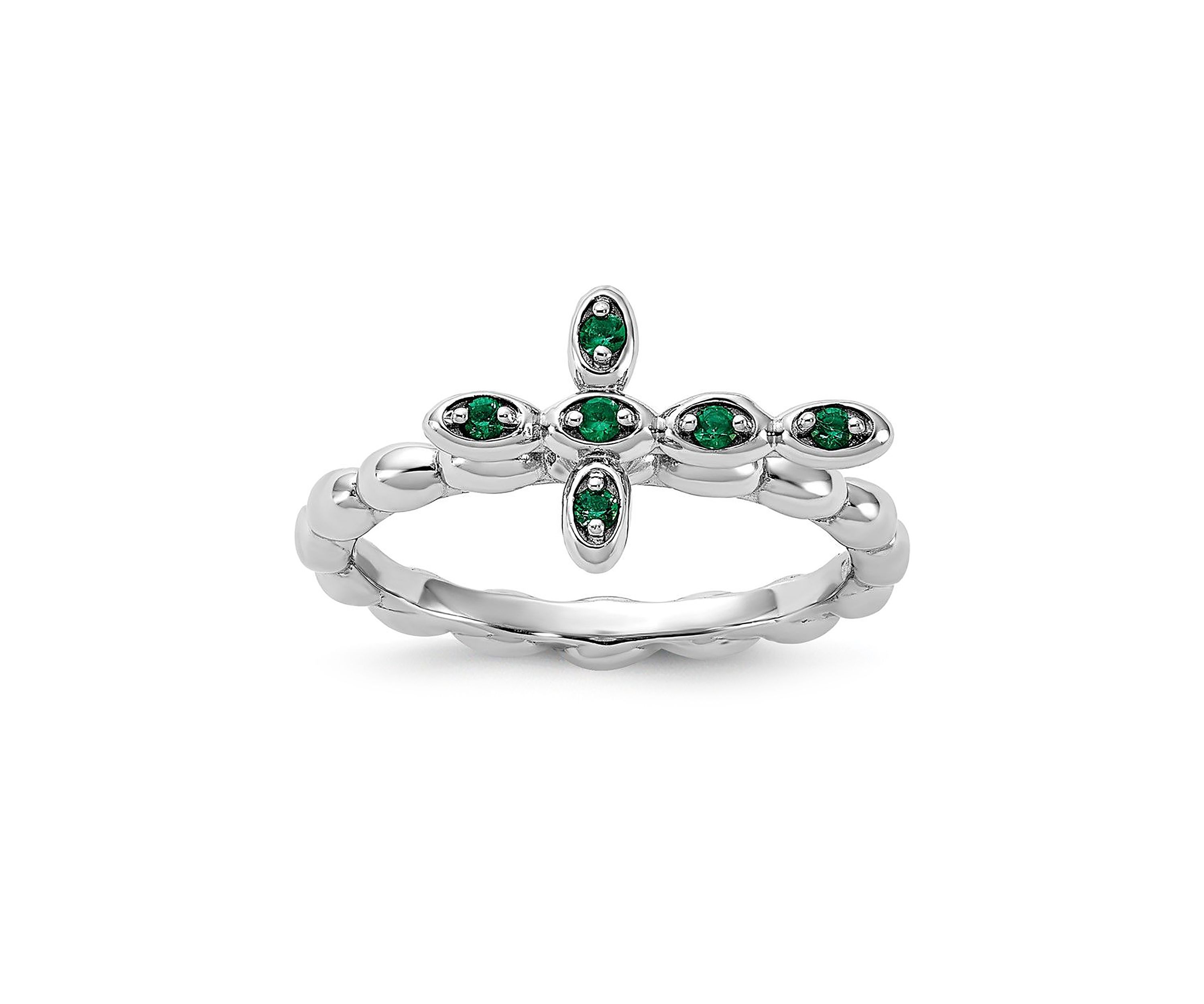 Lab Created 1/10 ct. t.w. Created Emerald Stackable Expressions Rhodium Plated Cross Ring in Sterling Silver