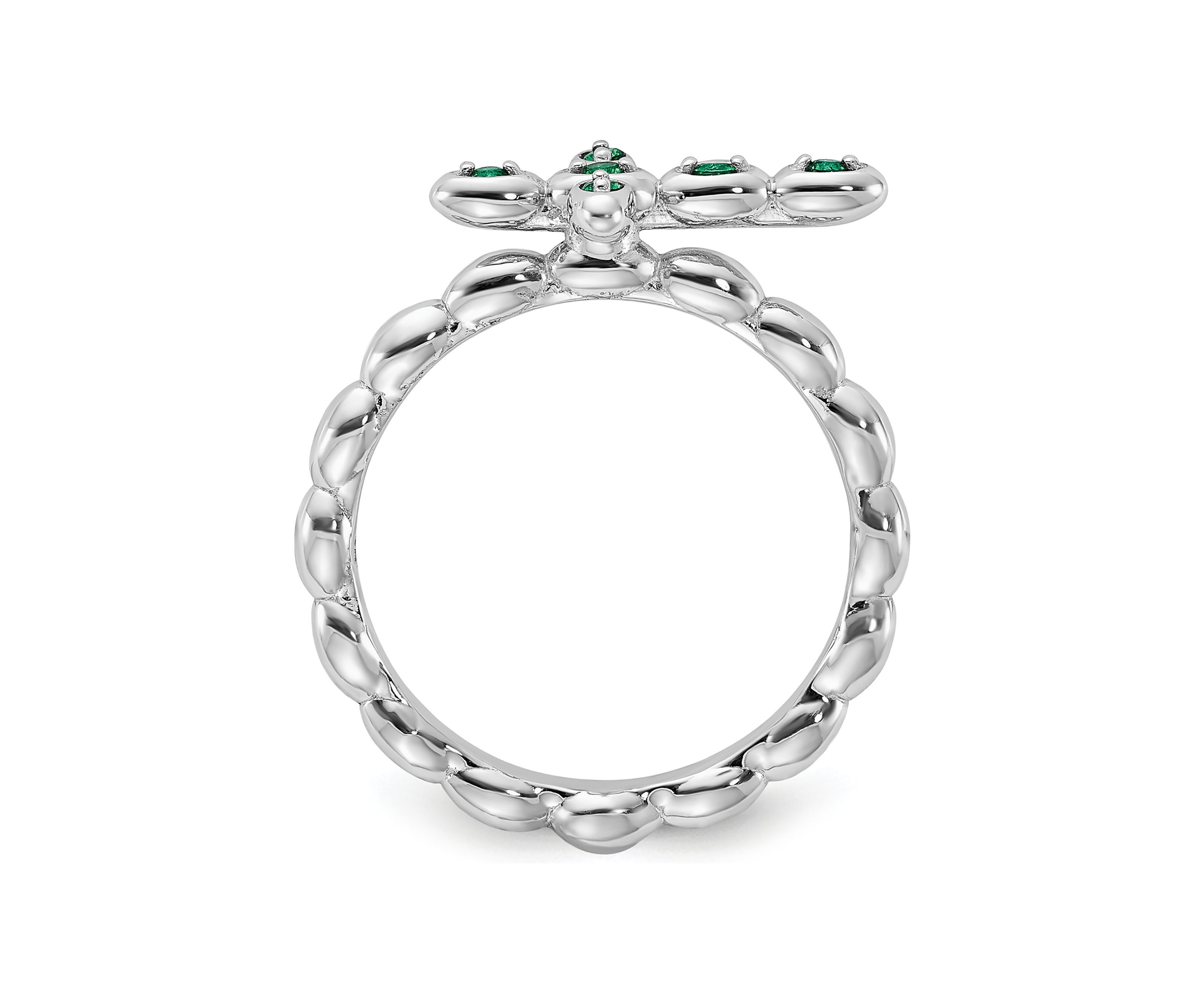 Lab Created 1/10 ct. t.w. Created Emerald Stackable Expressions Rhodium Plated Cross Ring in Sterling Silver