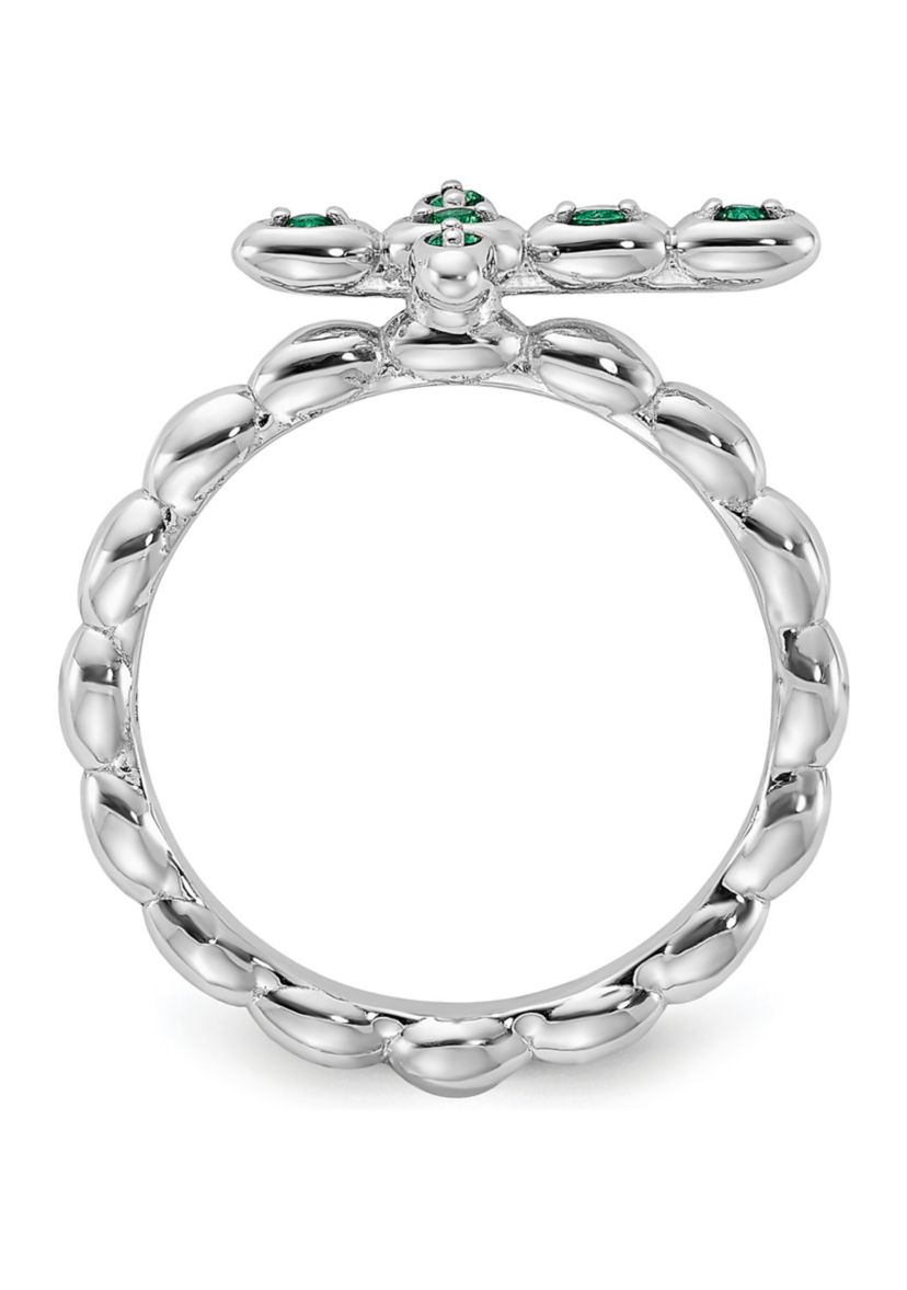 Lab Created 1/10 ct. t.w. Created Emerald Stackable Expressions Rhodium Plated Cross Ring in Sterling Silver
