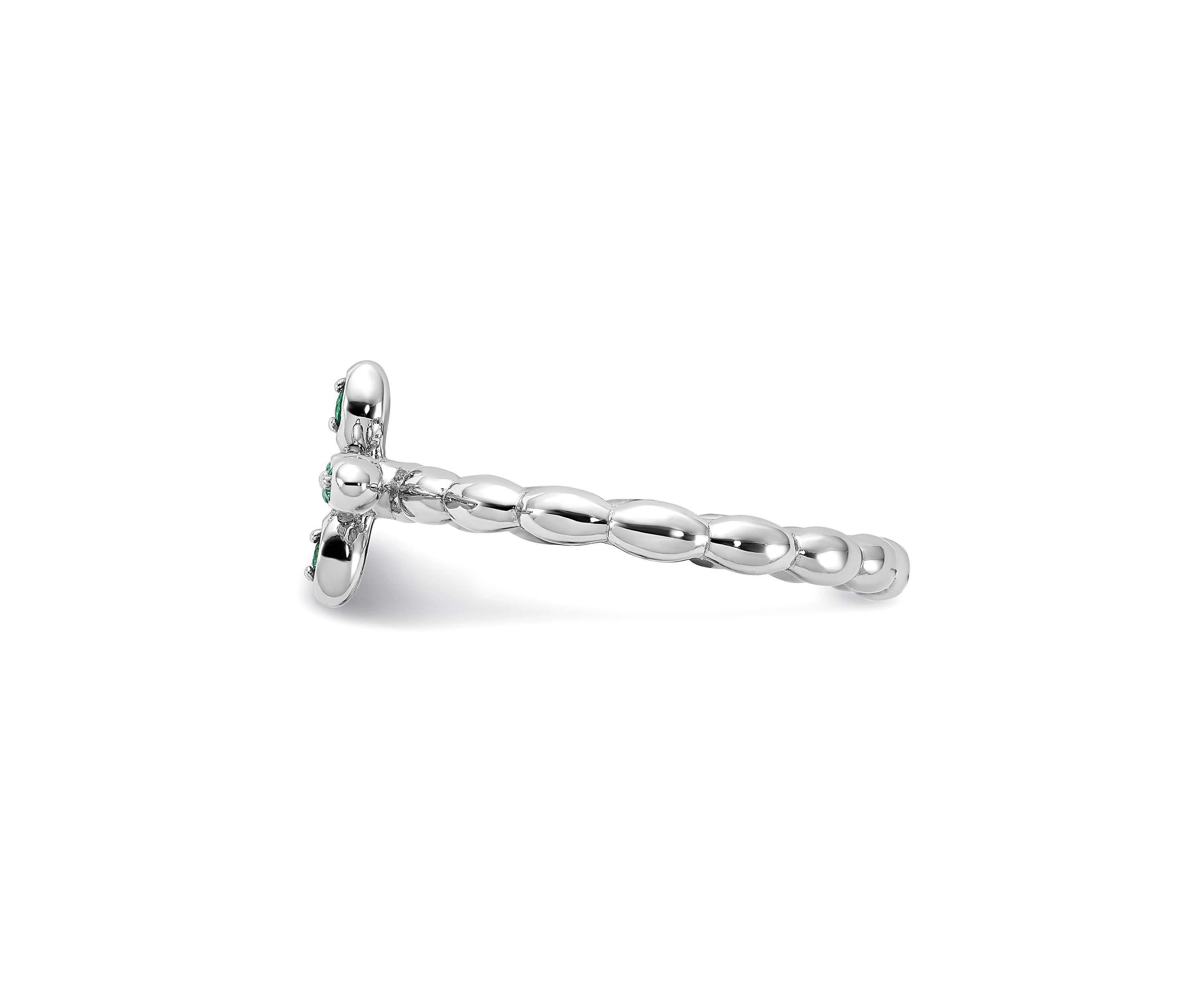 Lab Created 1/10 ct. t.w. Created Emerald Stackable Expressions Rhodium Plated Cross Ring in Sterling Silver