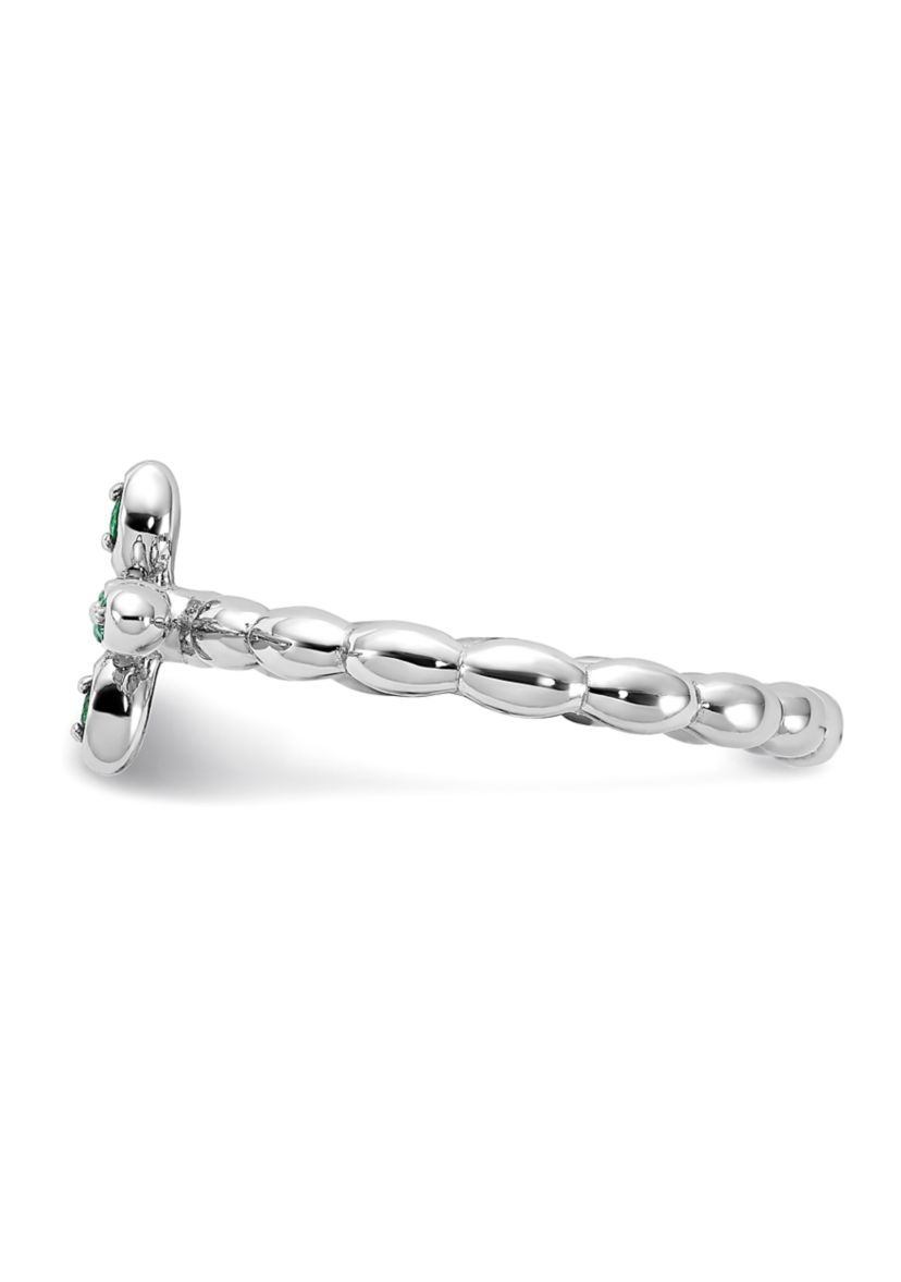 Lab Created 1/10 ct. t.w. Created Emerald Stackable Expressions Rhodium Plated Cross Ring in Sterling Silver