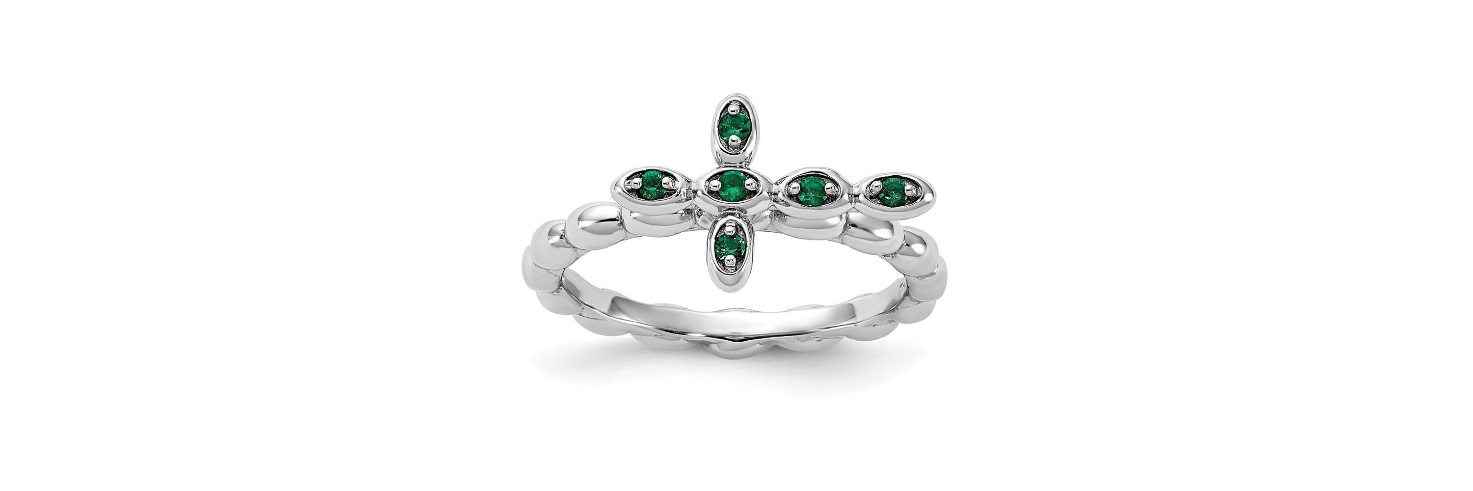 Lab Created 1/10 ct. t.w. Created Emerald Stackable Expressions Rhodium Plated Cross Ring in Sterling Silver