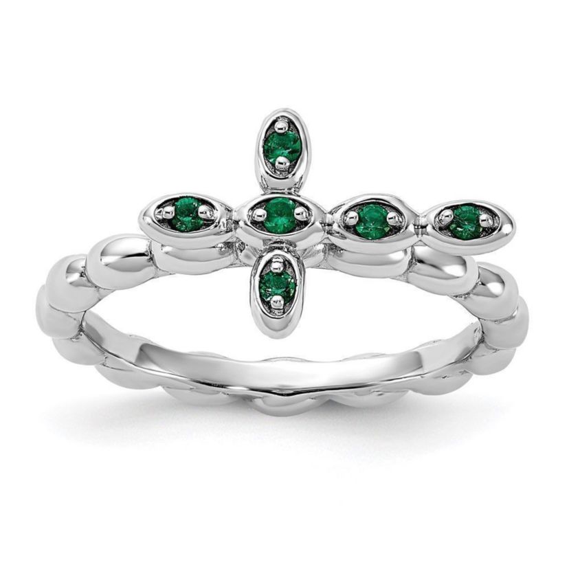 Lab Created 1/10 ct. t.w. Created Emerald Stackable Expressions Rhodium Plated Cross Ring in Sterling Silver