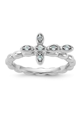 Belk & Co 1/10 ct. t.w. Aquamarine Stackable Expressions Rhodium Plated Cross Ring in Sterling Silver