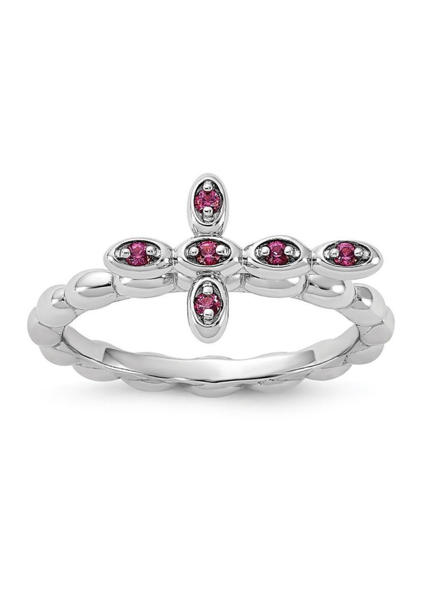 1/10 ct. t.w. Rhodolite Garnet Rhodium Plated Cross Ring in Sterling Silver