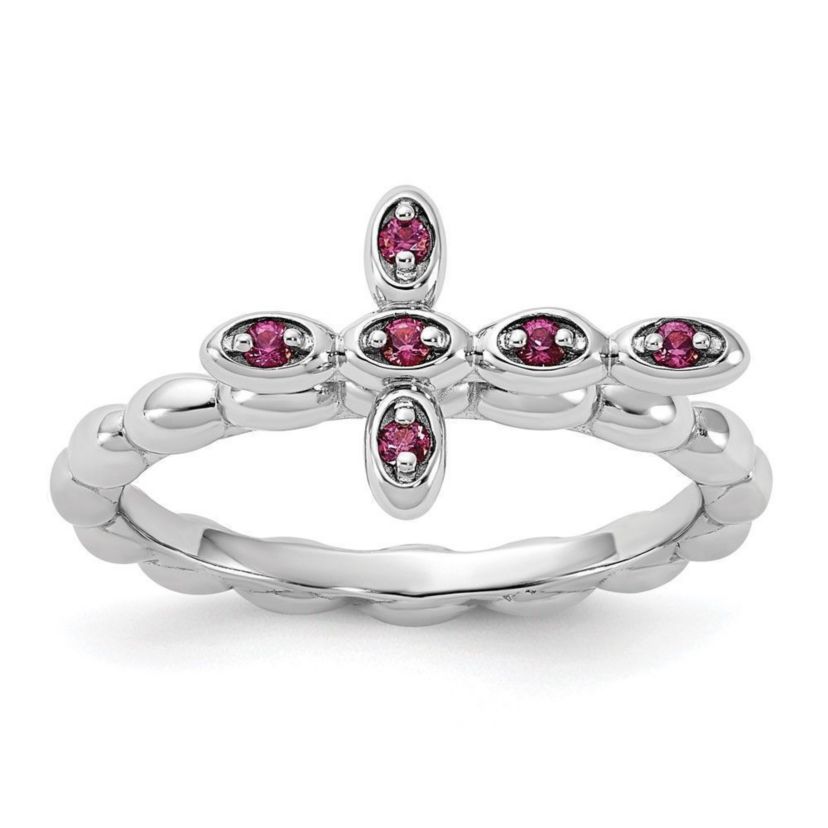 1/10 ct. t.w. Rhodolite Garnet Rhodium Plated Cross Ring in Sterling Silver