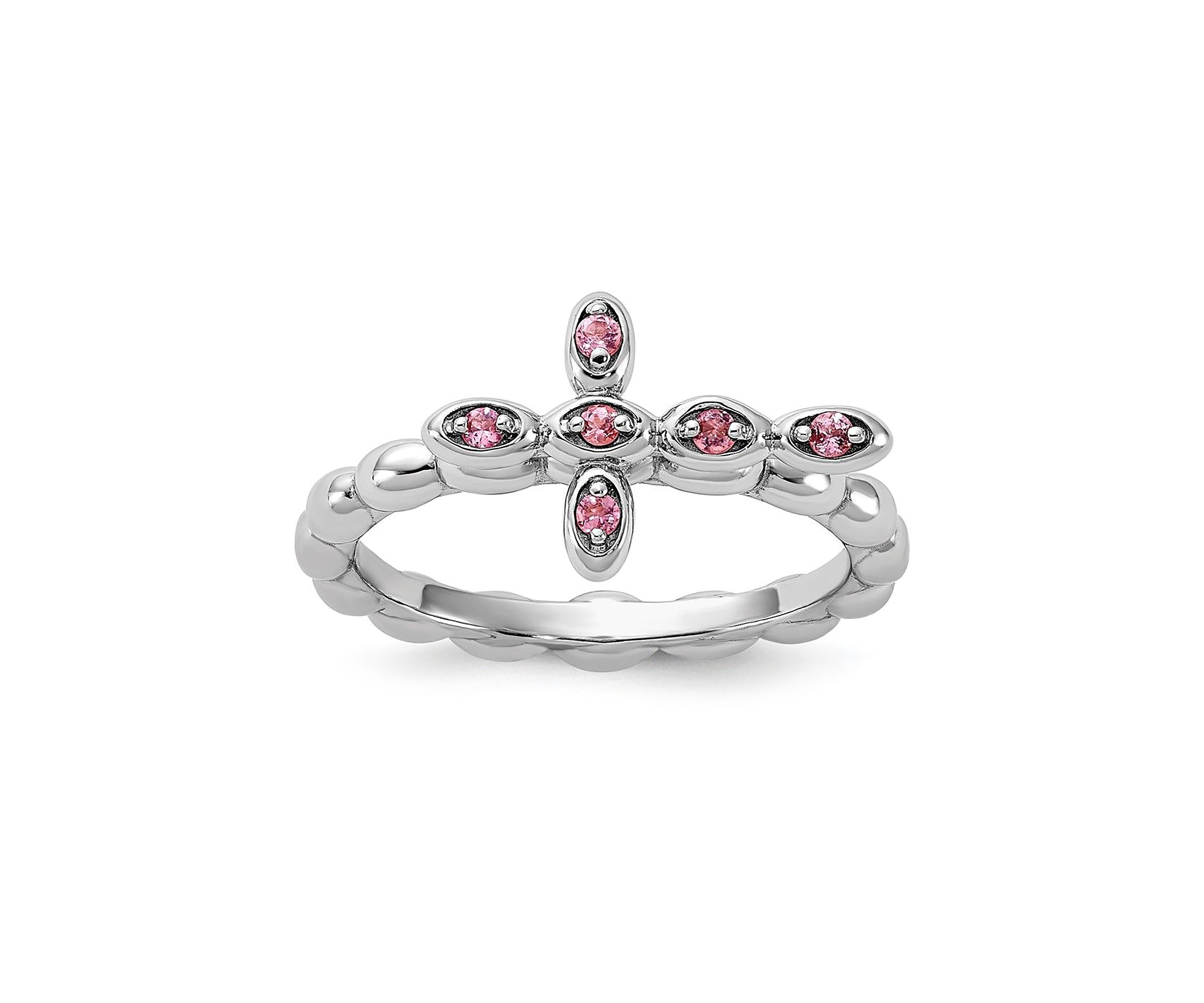 1/10 ct. t.w. Pink Tourmaline Stackable Expressions Rhodium Plated Cross Ring in Sterling Silver