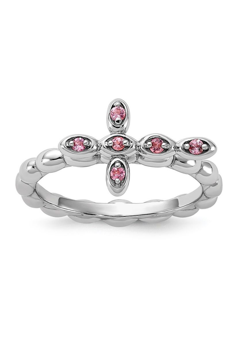 1/10 ct. t.w. Pink Tourmaline Stackable Expressions Rhodium Plated Cross Ring in Sterling Silver