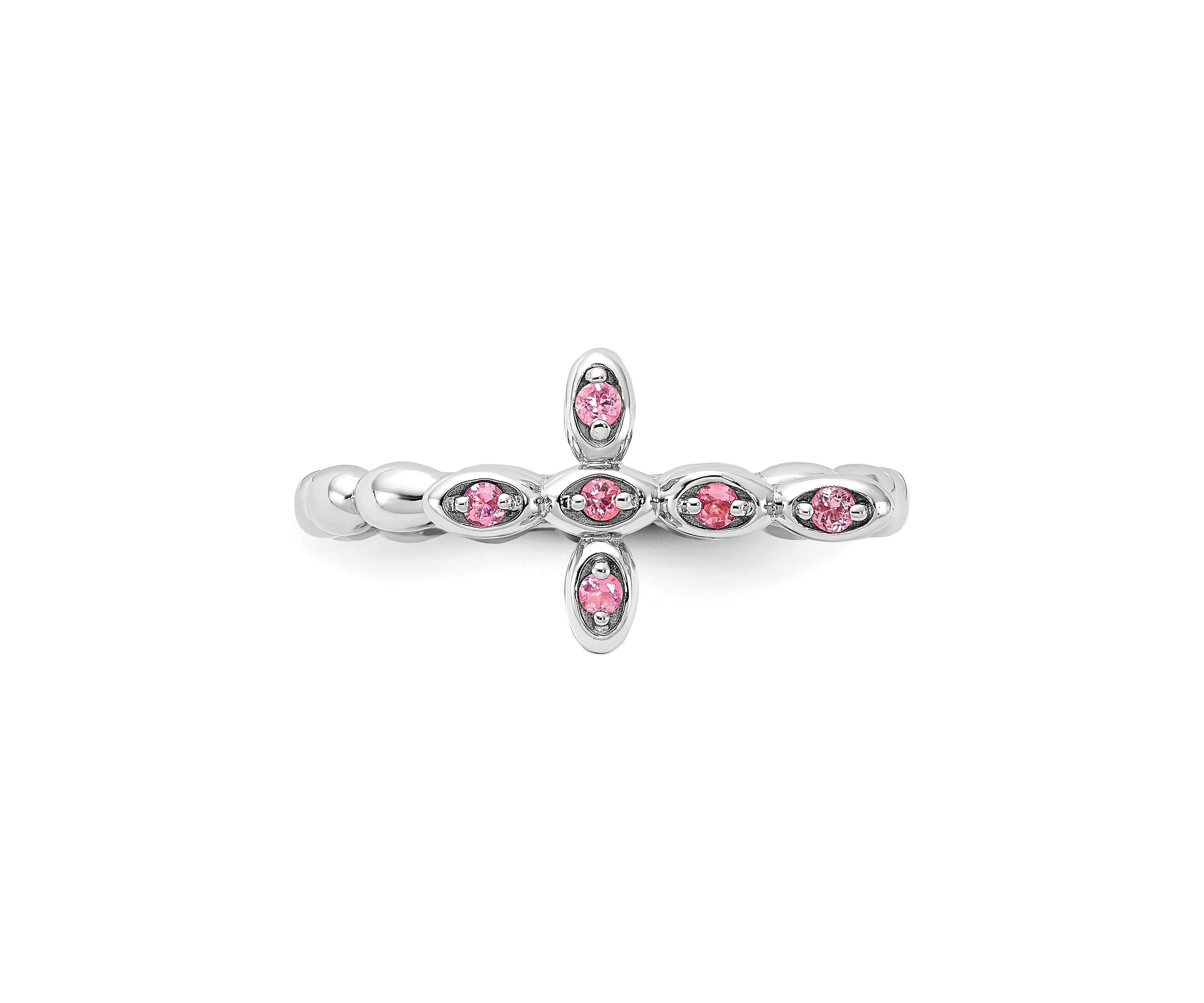 1/10 ct. t.w. Pink Tourmaline Stackable Expressions Rhodium Plated Cross Ring in Sterling Silver