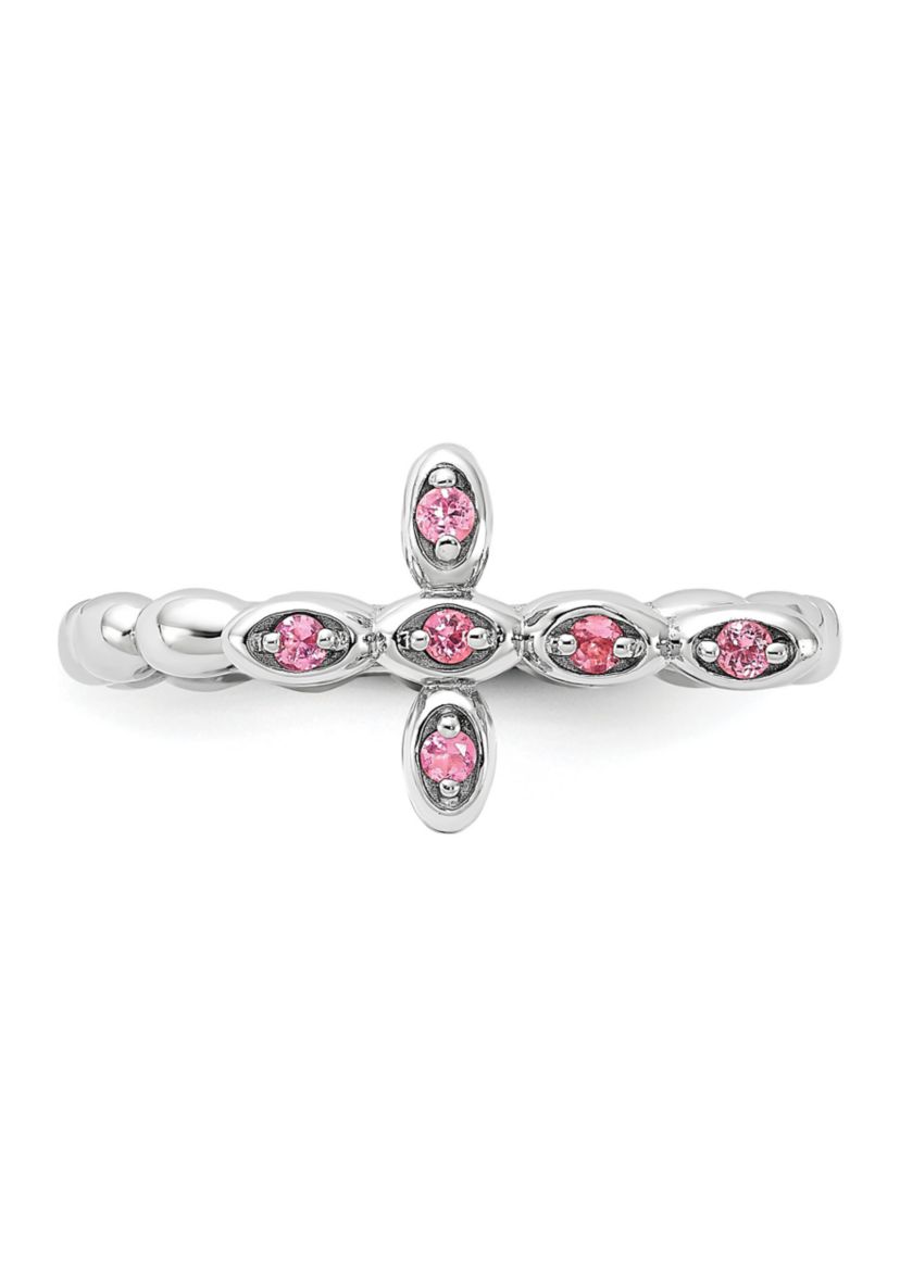 1/10 ct. t.w. Pink Tourmaline Stackable Expressions Rhodium Plated Cross Ring in Sterling Silver