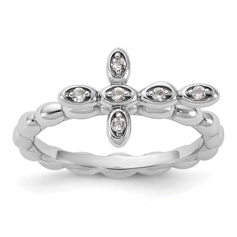 1/10 ct. t.w. White Topaz Stackable Expressions Rhodium Plated Cross Ring in Sterling Silver