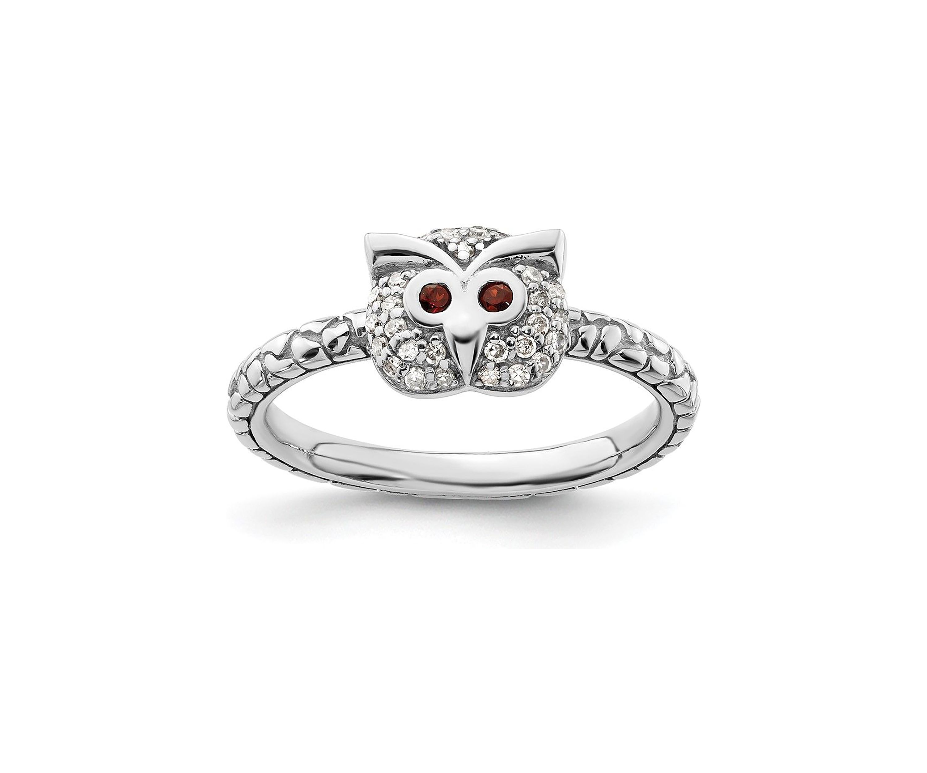 0.036 ct. t.w. Garnet and 1/8 ct. t.w. Diamond Stackable Expressions Owl Ring in Sterling Silver