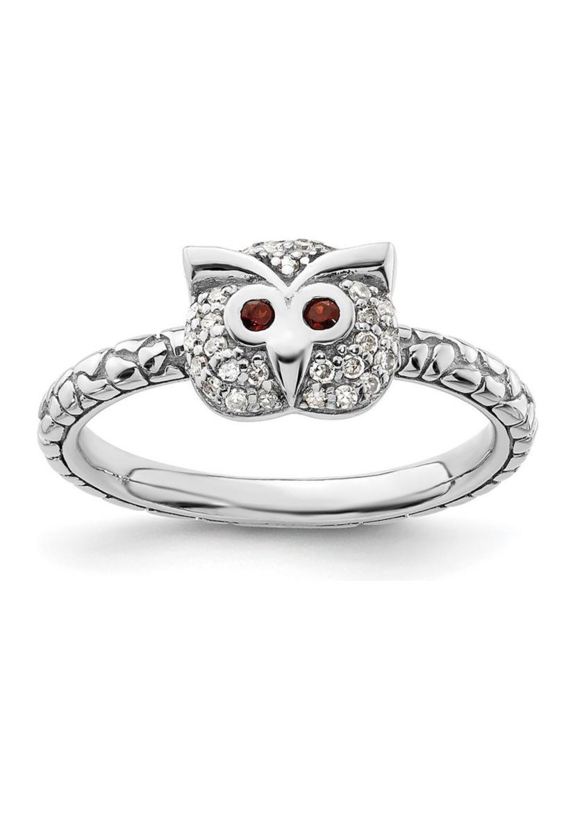 0.036 ct. t.w. Garnet and 1/8 ct. t.w. Diamond Stackable Expressions Owl Ring in Sterling Silver